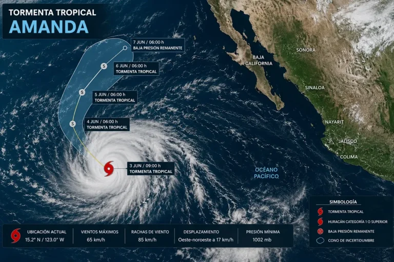 La tormenta tropical Amanda mantiene una trayectoria sobre aguas abiertas